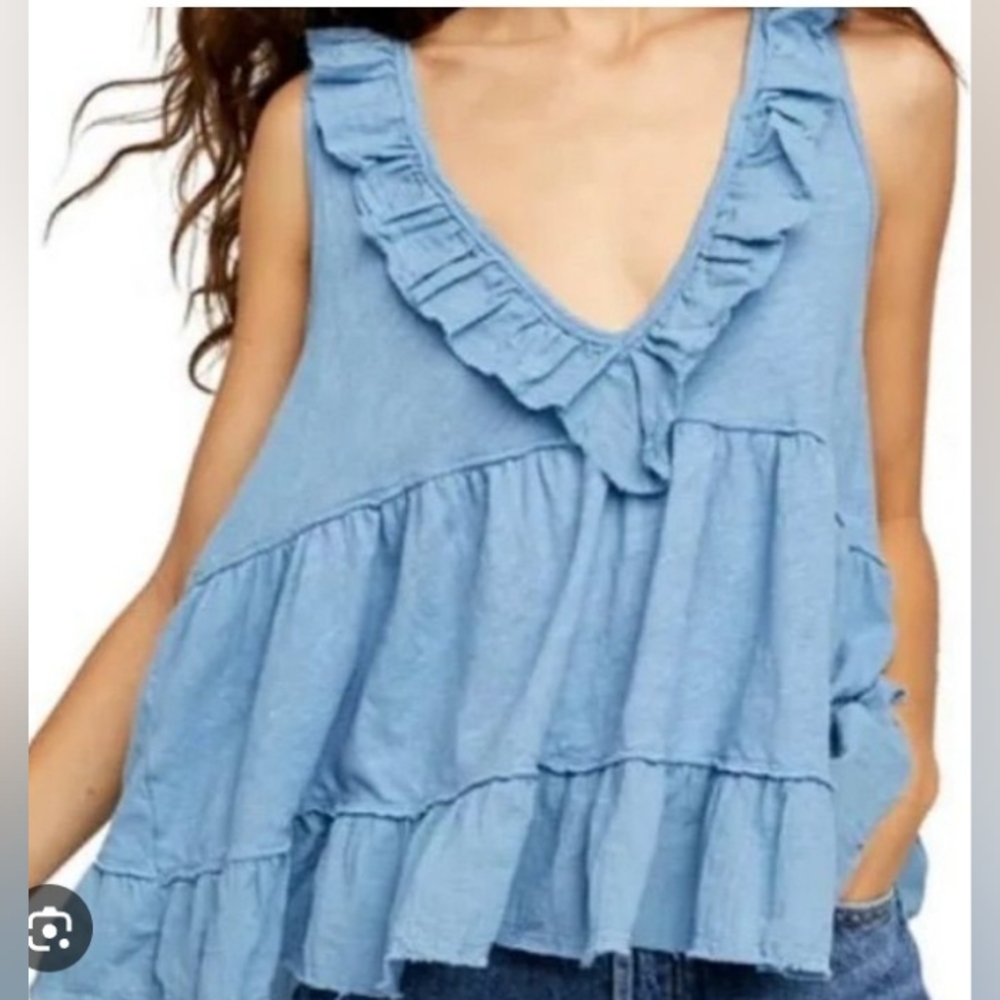 Free People Light Blue Ruffle V-Neck Tiered Tank